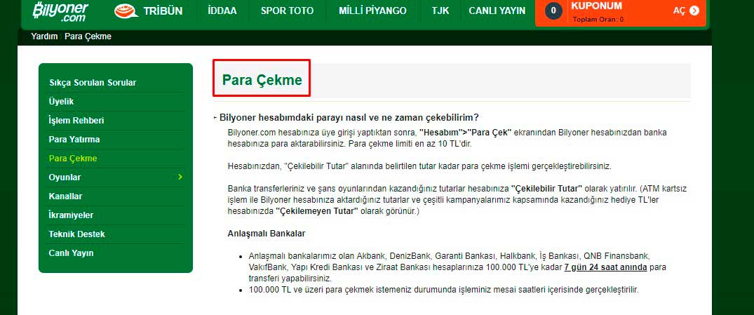Türkiye'de Bilyoner para çekme yöntemleri.